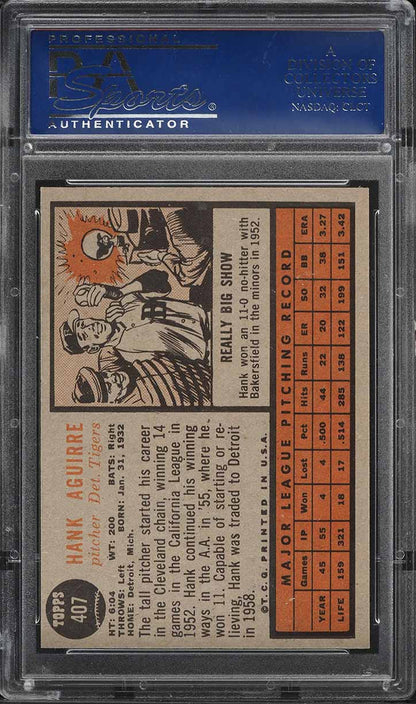 1962 Topps BB Card #407 Hank Aguirre Detroit Tigers PSA 8 NM-MT (MGD2)