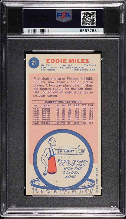 1969 Topps BkB Card # 21 Eddie Miles Detroit Pistons PSA 7 NRMT (MGD2)