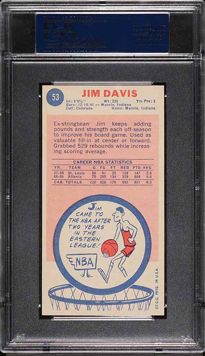 1969 Topps BkB Card # 53 Jim Davis Atlanta Hawks ROOKIE RC PSA 7 NRMT (MGD2)