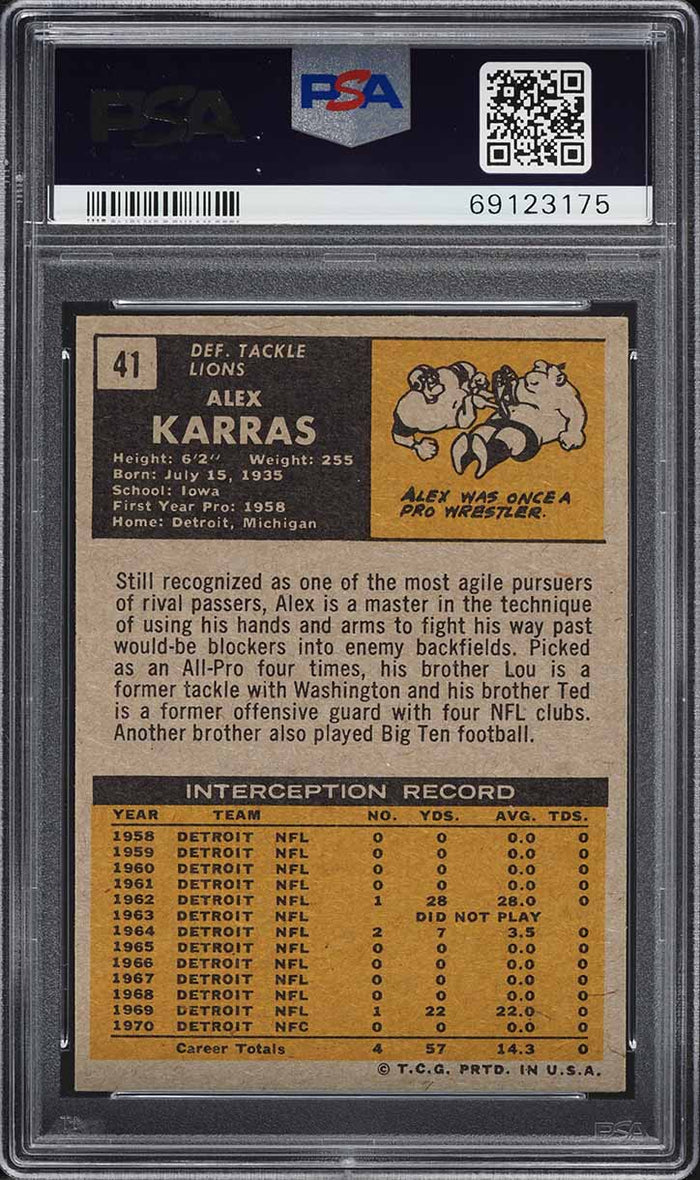 1971 Topps FB Card # 41 Alex Karras Detroit Lions HOF PSA 6 EXMT (MGD2)