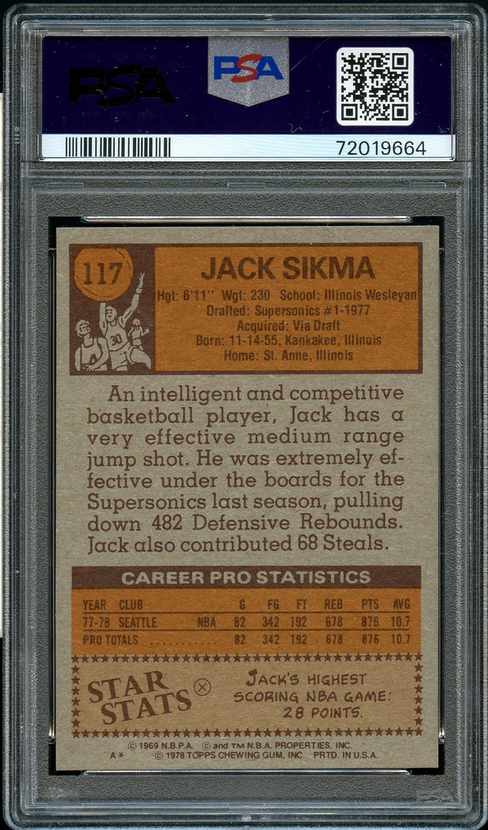 1978 Topps BkB Card #117 Jack Sikma Seattle Supersonics HOF ROOKIE RC PSA 8 NM-MT (MGD2)
