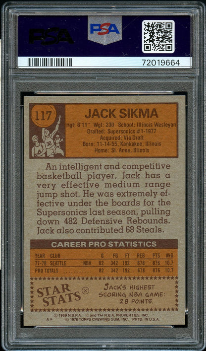1978 Topps BkB Card #117 Jack Sikma Seattle Supersonics HOF ROOKIE RC PSA 8 NM-MT (MGD2)