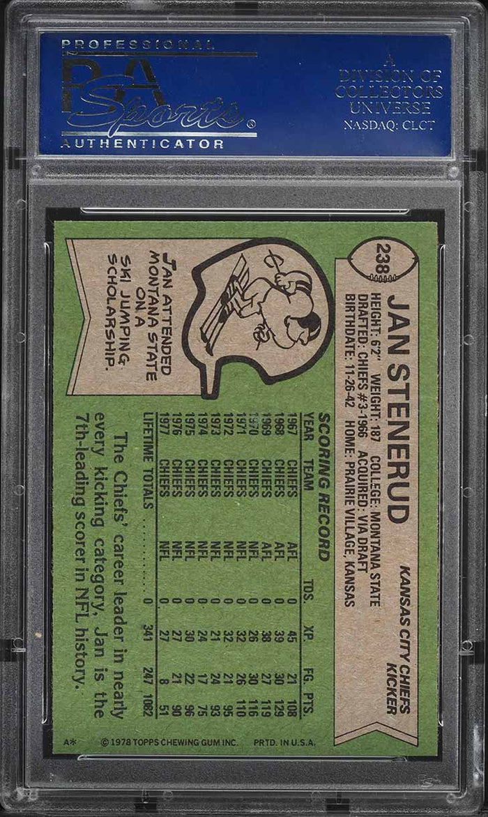 1978 Topps FB Card #238 Jan Stenerud Kansas City Chiefs HOF PSA 9 MINT (MGD2)