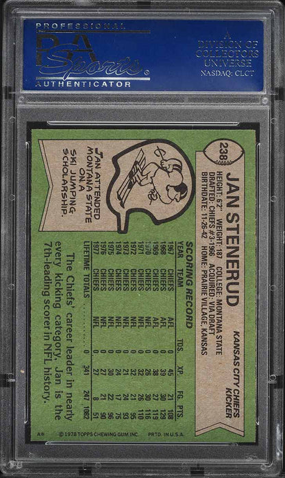 1978 Topps FB Card #238 Jan Stenerud Kansas City Chiefs HOF PSA 9 MINT (MGD2)