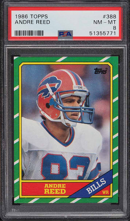 1986 Topps FB Card #388 Andre Reed Buffalo Bills HOF ROOKIE RC PSA 8 NM-MT (MGD2)