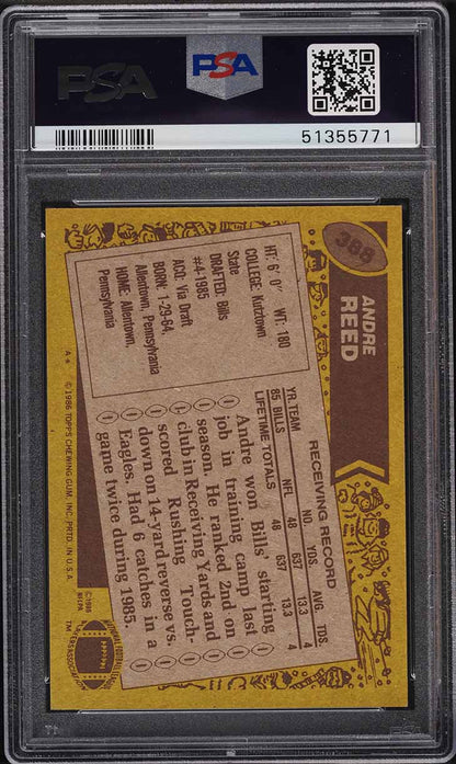 1986 Topps FB Card #388 Andre Reed Buffalo Bills HOF ROOKIE RC PSA 8 NM-MT (MGD2)