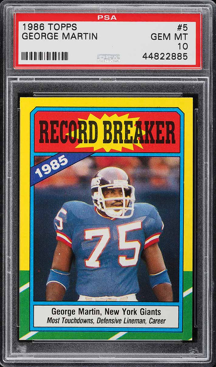 1986 Topps FB Card # 5 George Martin NY Giants RECORD BREAKER PSA 10 GEM MINT (MGD2)