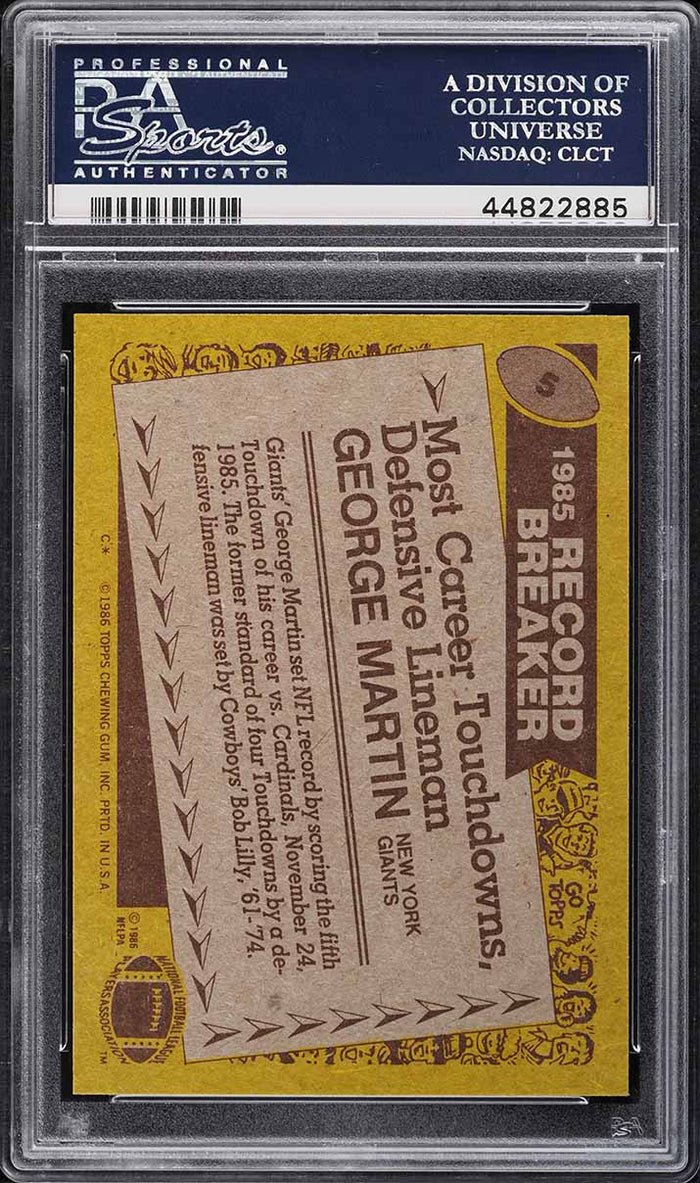 1986 Topps FB Card # 5 George Martin NY Giants RECORD BREAKER PSA 10 GEM MINT (MGD2)