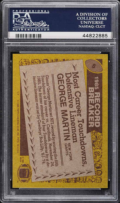 1986 Topps FB Card # 5 George Martin NY Giants RECORD BREAKER PSA 10 GEM MINT (MGD2)