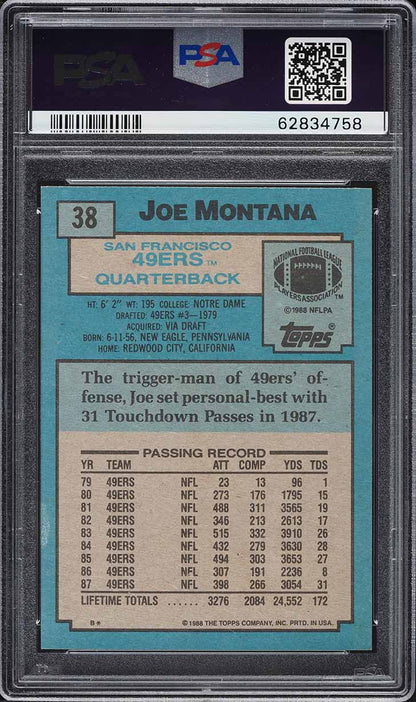 1988 Topps FB Card # 38 Joe Montana San Francisco 49ers HOF PSA 9 MINT (MGD2)