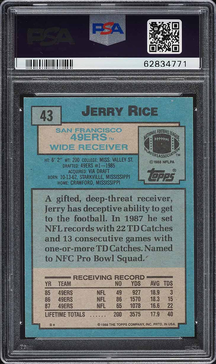 1988 Topps FB Card # 43 Jerry Rice San Francisco 49ers HOF PSA 9 MINT (MGD2)