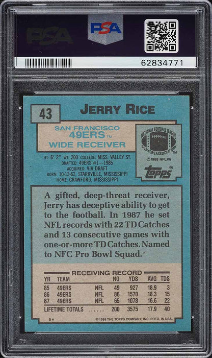 1988 Topps FB Card # 43 Jerry Rice San Francisco 49ers HOF PSA 9 MINT (MGD2)