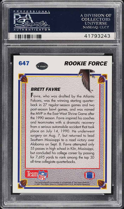 1991 Upper Deck FB Card #647 Brett Favre HOF ROOKIE RC PSA 10 GEM MINT (MGD2)