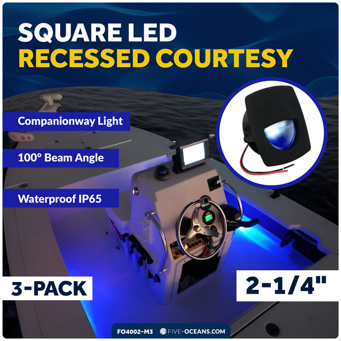 2-1/4" Square LED Recessed Courtesy / Companionway Light, Black Housing, Blue, 12V, 3-Pack - FO4002-M3 - Five Oceans