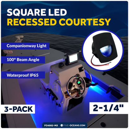 2-1/4" Square LED Recessed Courtesy / Companionway Light, Black Housing, Blue, 12V, 3-Pack - FO4002-M3 - Five Oceans