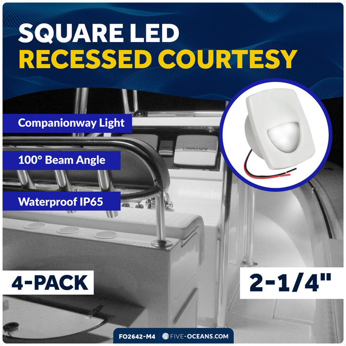 2-1/4" Square LED Recessed Courtesy / Companionway Light, White Housing, Cool White, 12V, 4-Pack - FO2642-M4 - Five Oceans