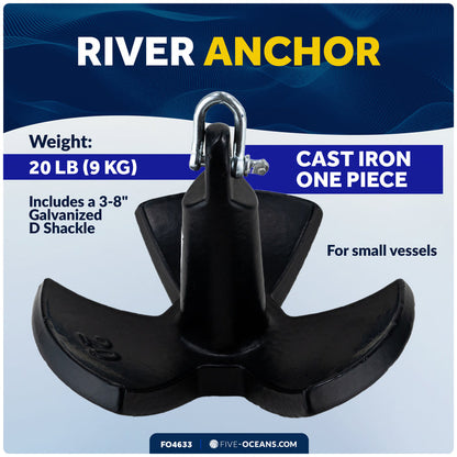 20 Lb. River Anchor, Black, Vinyl Coated - FO4633 - Five Oceans