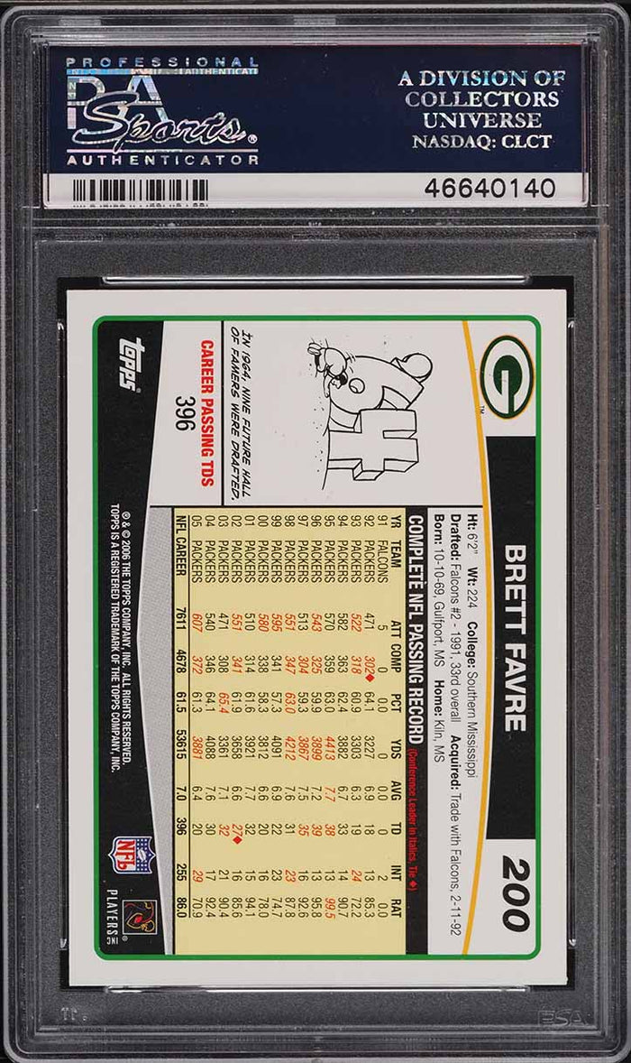 2006 Topps FB Card #200 Brett Favre Green Bay Packers HOF PSA 10 GEM MINT (MGD2)