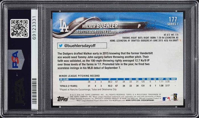 2018 Topps BB Card #177 Walker Buehler LA Dodgers ROOKIE RC PSA 10 GEM MINT (MGD2)