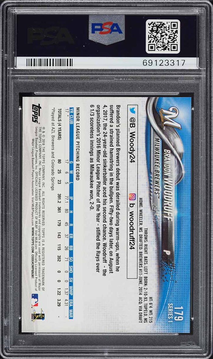 2018 Topps BB Card #179 Brandon Woodruff Milwaukee Brewers ROOKIE RC PSA 9 MINT (MGD2)