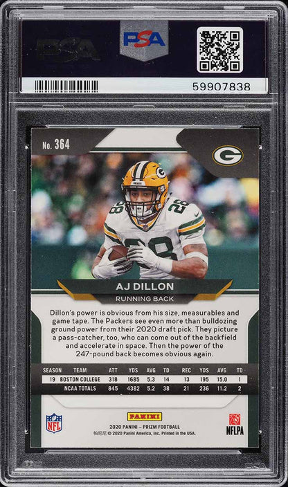2020 Panini Prizm FB Card #364 AJ Dillon ROOKIE RC PSA 10 GEM MINT (MGD2)