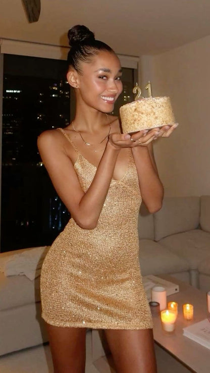 21st Birthday Strappy V Neck Gold Sequin Homecoming Dress