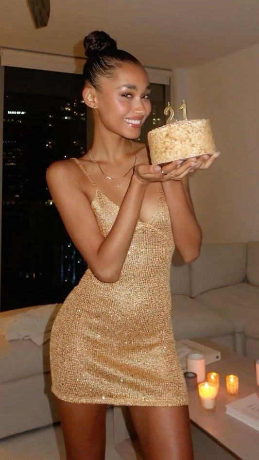 21st Birthday Strappy V Neck Gold Sequin Homecoming Dress