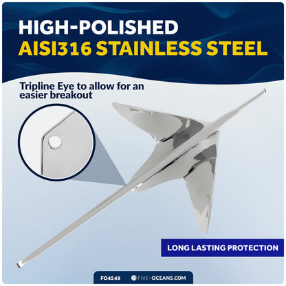 2.2 Lb. Bruce Claw Anchor, AISI316 Stainless Steel – FO4549 - Five Oceans