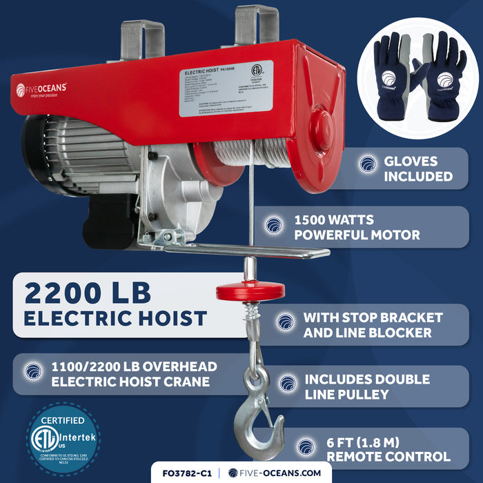 2200 Lb. Electric Hoist with 6Ft Cable Control & Working Gloves, 120V AC - FO-3782-C1 - Five Oceans