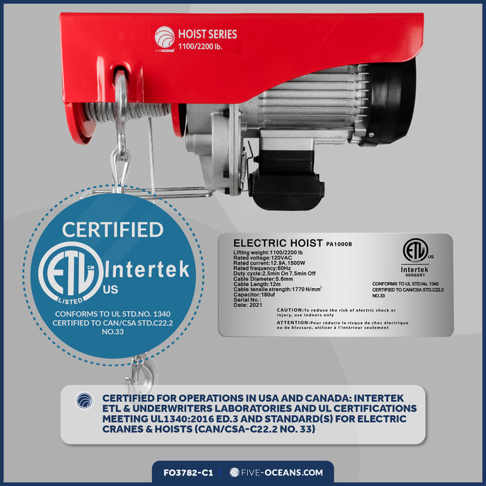 2200 Lb. Electric Hoist with 6Ft Cable Control & Working Gloves, 120V AC - FO-3782-C1 - Five Oceans