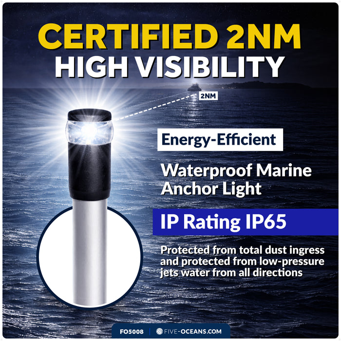 24" LED Anchor Light, Certified 2NM, Fold-Down, Polycarbonate Lens & Aluminum Tube, 12-30V DC - FO5008 - Five Oceans