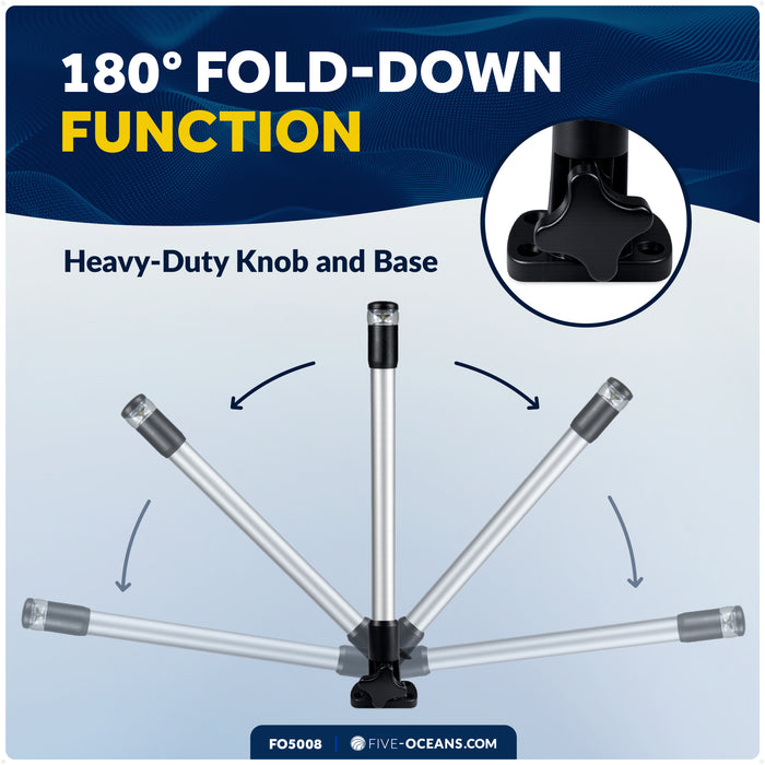 24" LED Anchor Light, Certified 2NM, Fold-Down, Polycarbonate Lens & Aluminum Tube, 12-30V DC - FO5008 - Five Oceans