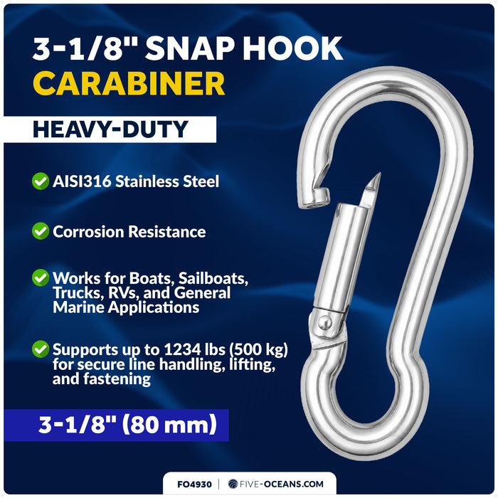 3-1/8" Snap Hook Carabiner, AISI316 Stainless Steel