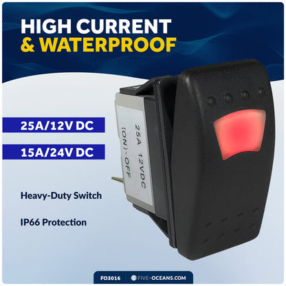 3-Pin (On)-Off Momentary LED Rocker Switch, SPST, 25A/12V DC - 15A/24V DC - FO3016 - Five Oceans