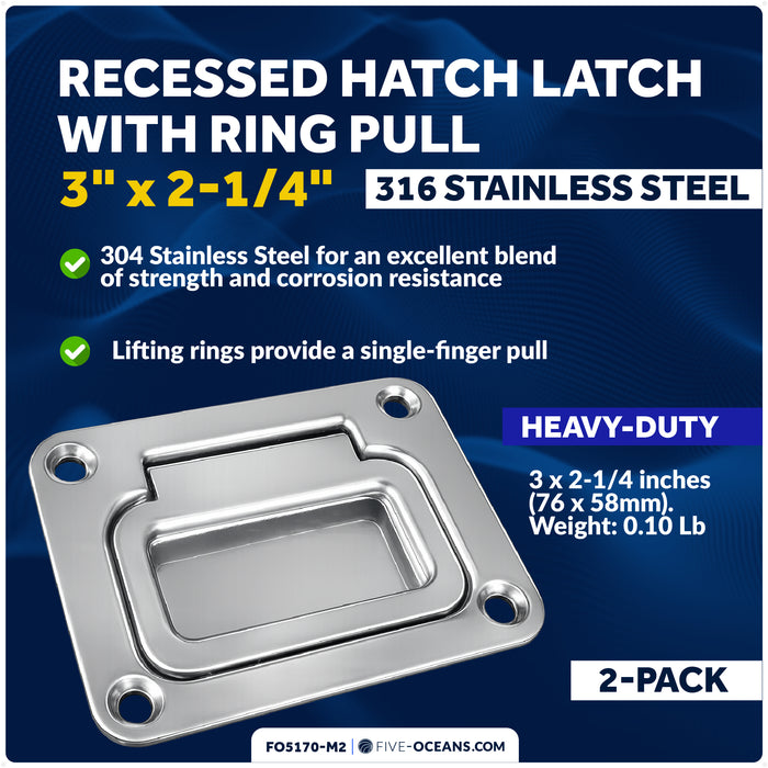 3" x 2-1/4" Flush Hatch Ring Pull, Stainless Steel, 2-Pack
