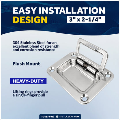 3" x 2-1/4" Flush Hatch Ring Pull, Stainless Steel, 2-Pack