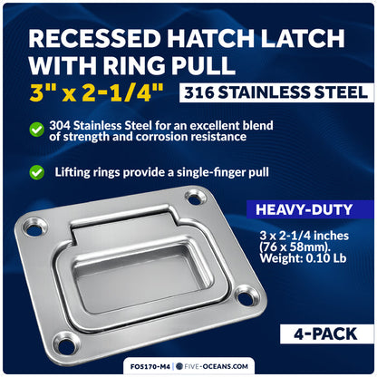 3" x 2-1/4" Flush Hatch Ring Pull, Stainless Steel, 4-Pack