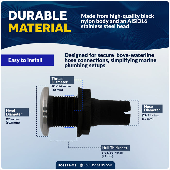 3/4" Thru-Hull Fitting, Black Nylon & Stainless Steel Head, 2-Pack – FO2995-M2 - Five Oceans
