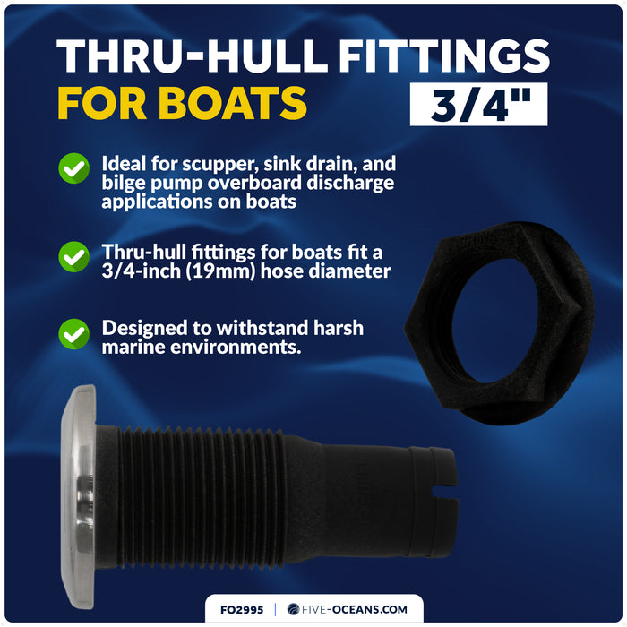 3/4" Thru-Hull Fitting, Black Nylon & Stainless Steel Head – FO2995 - Five Oceans