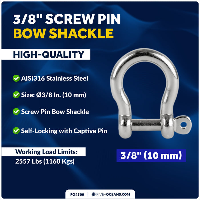 3/8" Captive Screw Pin Bow Anchor Shackle, AISI316 Stainless Steel