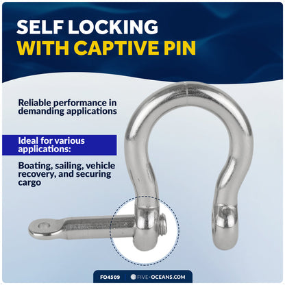 3/8" Captive Screw Pin Bow Anchor Shackle, AISI316 Stainless Steel