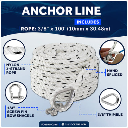 3/8" x 100' Premium 3-Strand Nylon Anchor Line - FO4567-C100 - Five Oceans