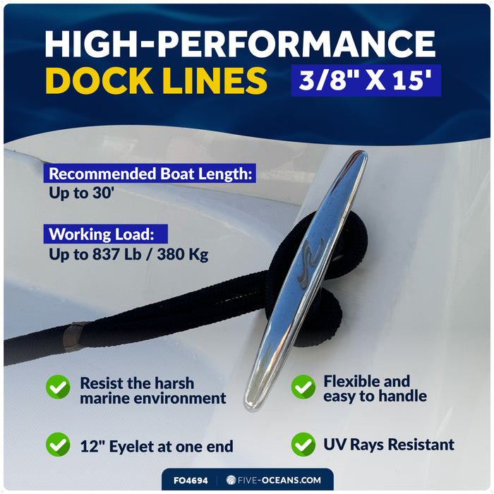 3/8" x 15' Dock Lines, Black, Double Braid Nylon, 4-Pack
