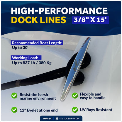 3/8" x 15' Dock Lines, Black, Double Braid Nylon, 4-Pack
