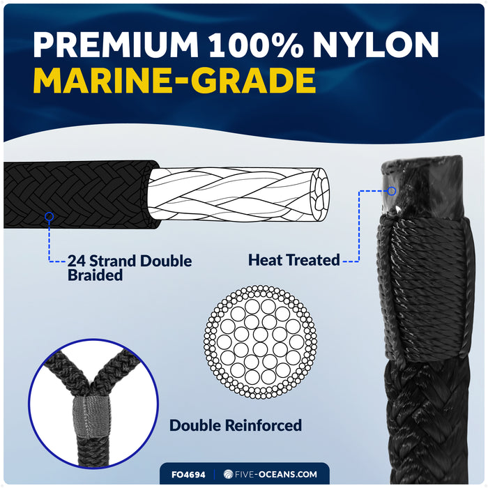3/8" x 15' Dock Lines, Black, Double Braid Nylon, 4-Pack