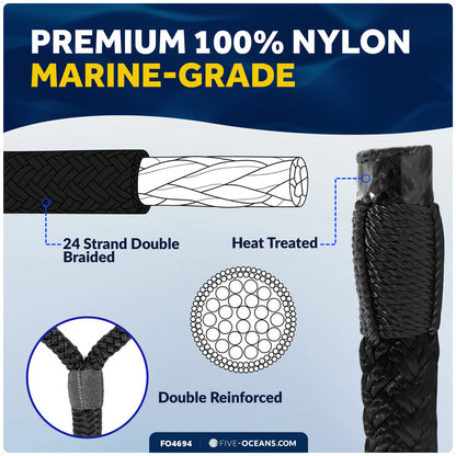 3/8" x 15' Dock Lines, Black, Double Braid Nylon, 4-Pack