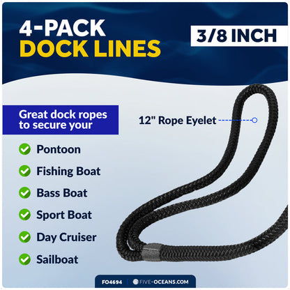 3/8" x 15' Dock Lines, Black, Double Braid Nylon, 4-Pack