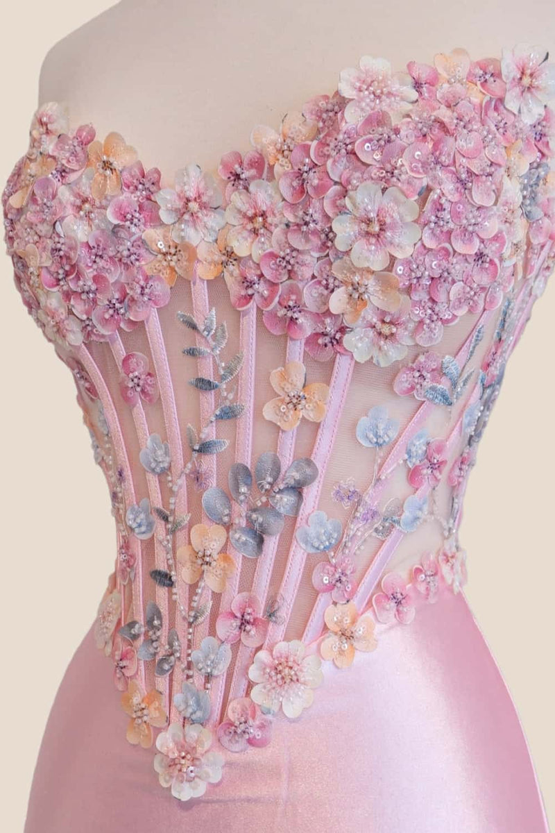 3D Flowers Pink Satin Mermaid Prom Dress