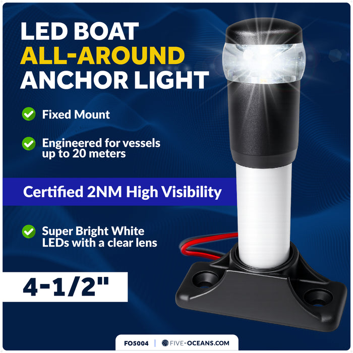 4-1/2" LED Anchor Light, Certified 2NM, Fixed Base, Polycarbonate Lens & Aluminum Tube,  10-30V DC - FO5004 - Five Oceans