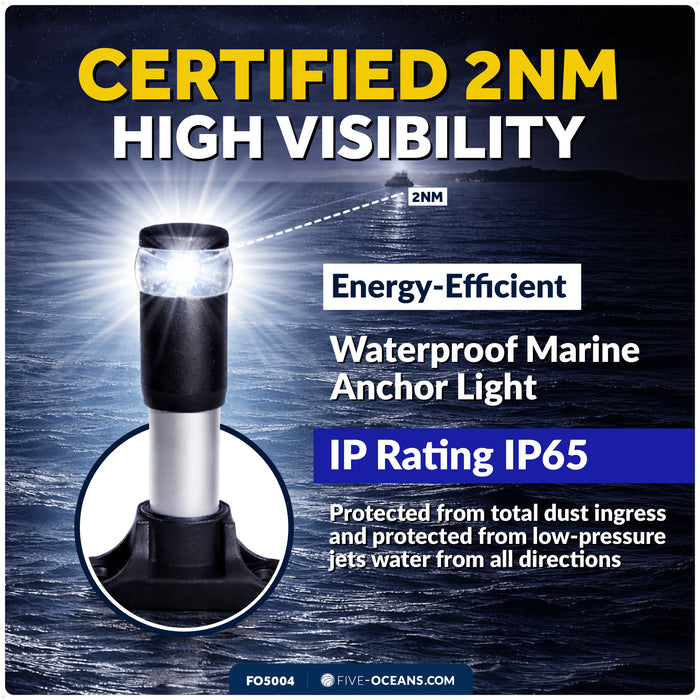 4-1/2" LED Anchor Light, Certified 2NM, Fixed Base, Polycarbonate Lens & Aluminum Tube,  10-30V DC - FO5004 - Five Oceans